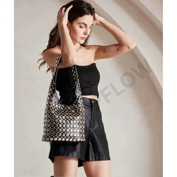 Studded Hobo Bag Y2K Punk Shoulder Purse Soft Leather Bucket Tote - Picture 3 of 8